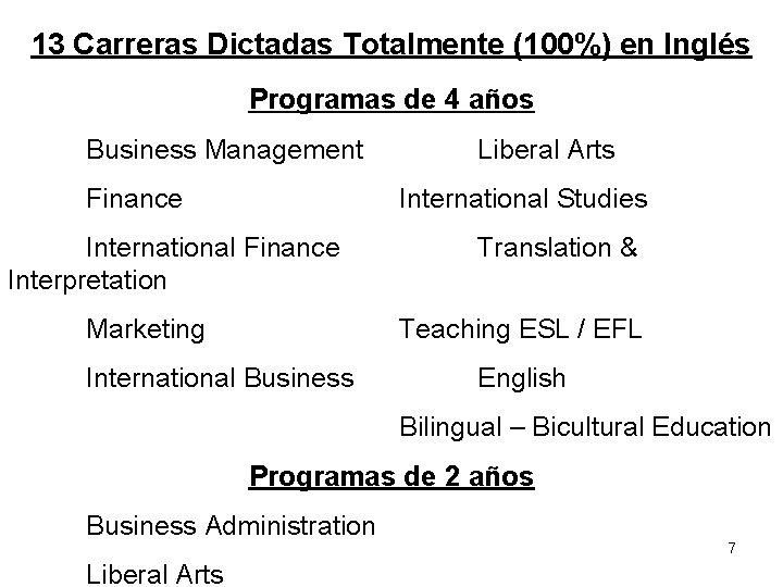 13 Carreras Dictadas Totalmente (100%) en Inglés Programas de 4 años Business Management Finance 13 Carreras Dictadas Totalmente (100%) en Inglés Programas de 4 años Business Management Finance