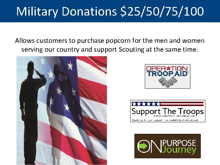 Military Donations $25/50/75/100 For the Health Conscious Allows customers to purchase popcorn for the