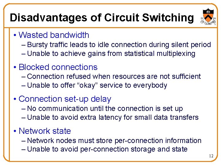 Disadvantages of Circuit Switching • Wasted bandwidth – Bursty traffic leads to idle connection