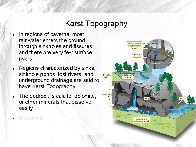 Karst Topography In regions of caverns, most rainwater enters the ground through sinkholes and