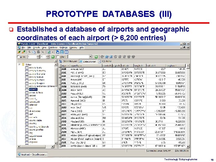 PROTOTYPE DATABASES (III) o Established a database of airports and geographic coordinates of each