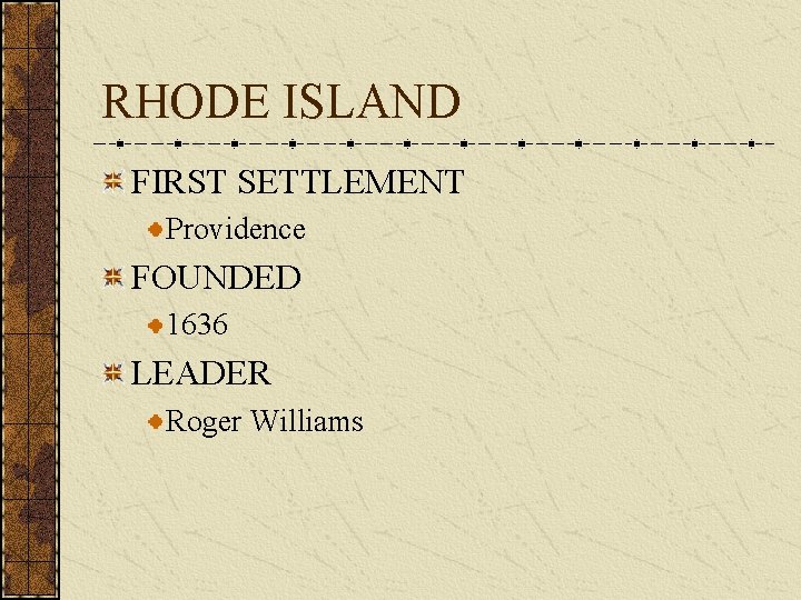 RHODE ISLAND FIRST SETTLEMENT Providence FOUNDED 1636 LEADER Roger Williams 