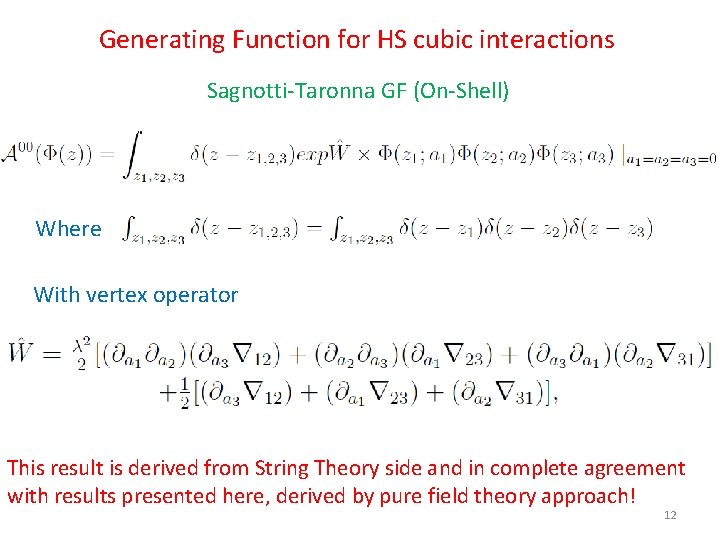 Generating Function for HS cubic interactions Sagnotti-Taronna GF (On-Shell) Where With vertex operator This