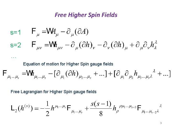 Free Higher Spin Fields s=1 s=2 … Equation of motion for Higher Spin gauge