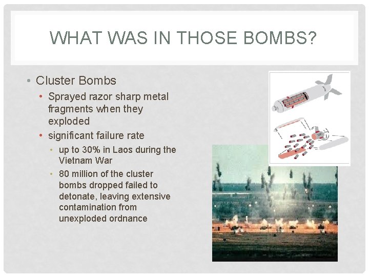 WHAT WAS IN THOSE BOMBS? • Cluster Bombs • Sprayed razor sharp metal fragments