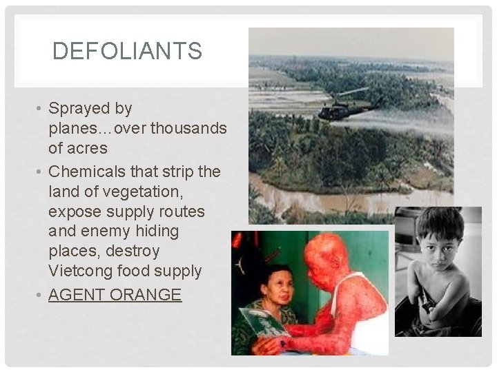 DEFOLIANTS • Sprayed by planes…over thousands of acres • Chemicals that strip the land