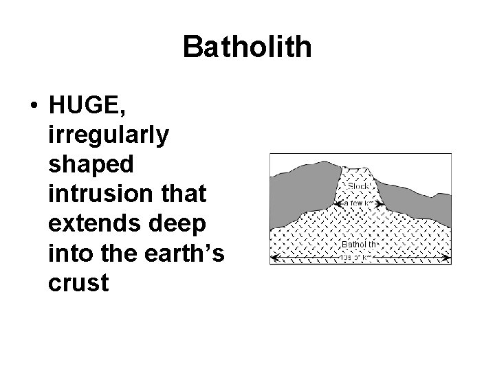 Batholith • HUGE, irregularly shaped intrusion that extends deep into the earth’s crust 