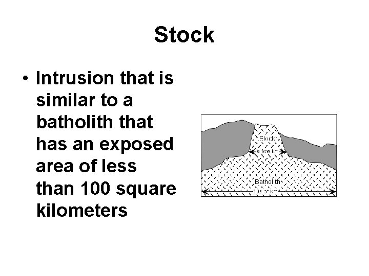 Stock • Intrusion that is similar to a batholith that has an exposed area