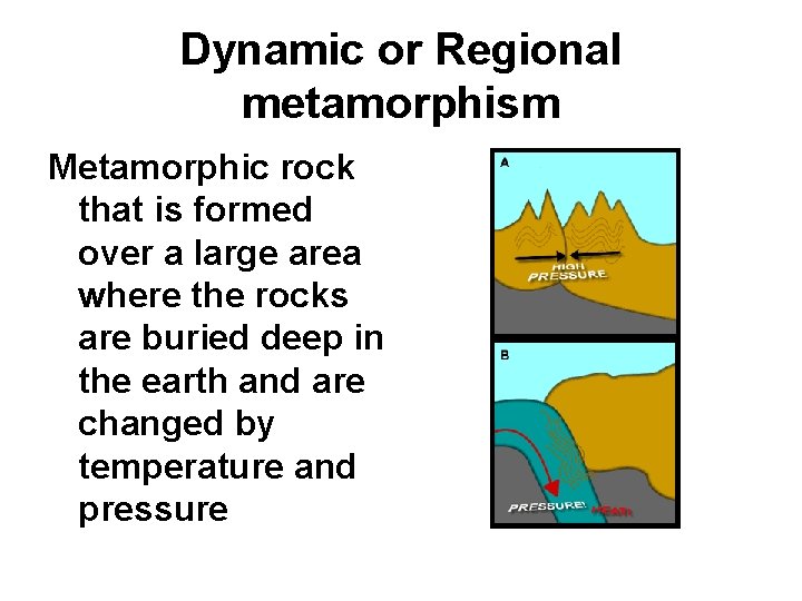 Dynamic or Regional metamorphism Metamorphic rock that is formed over a large area where