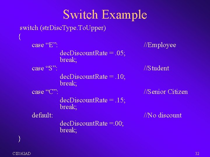 Switch Example switch (str. Disc. Type. To. Upper) { case “E”: dec. Discount. Rate