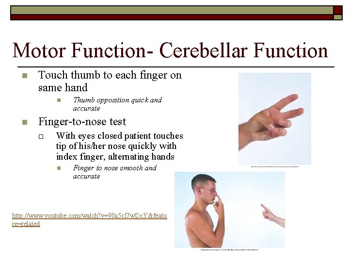 Motor Function- Cerebellar Function n Touch thumb to each finger on same hand n