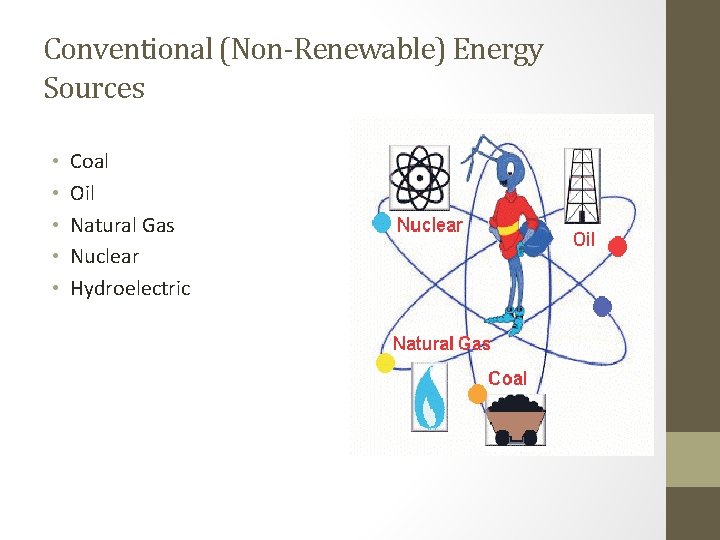 Conventional (Non-Renewable) Energy Sources • • • Coal Oil Natural Gas Nuclear Hydroelectric 