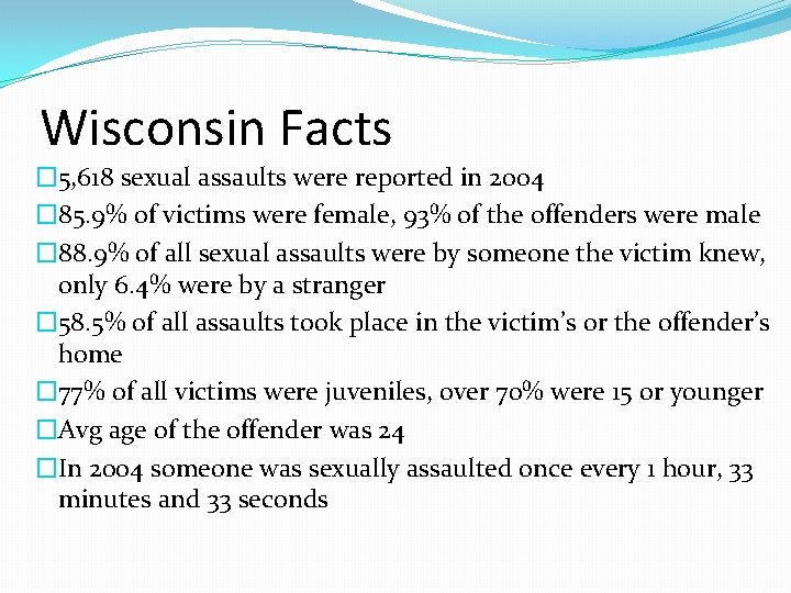 Wisconsin Facts � 5, 618 sexual assaults were reported in 2004 � 85. 9%