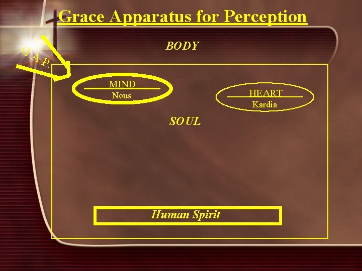 Grace Apparatus for Perception BODY G. A. P. MIND HEART Nous Kardia SOUL Human