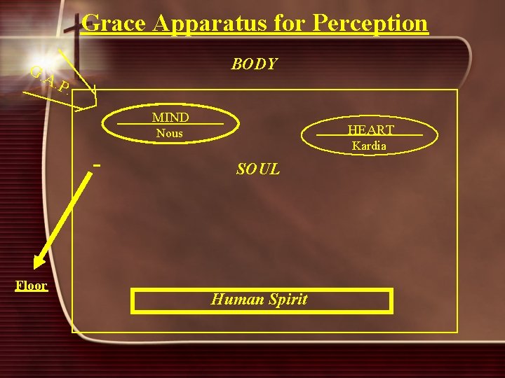 Grace Apparatus for Perception BODY G. A. P. MIND HEART Nous - Floor Kardia