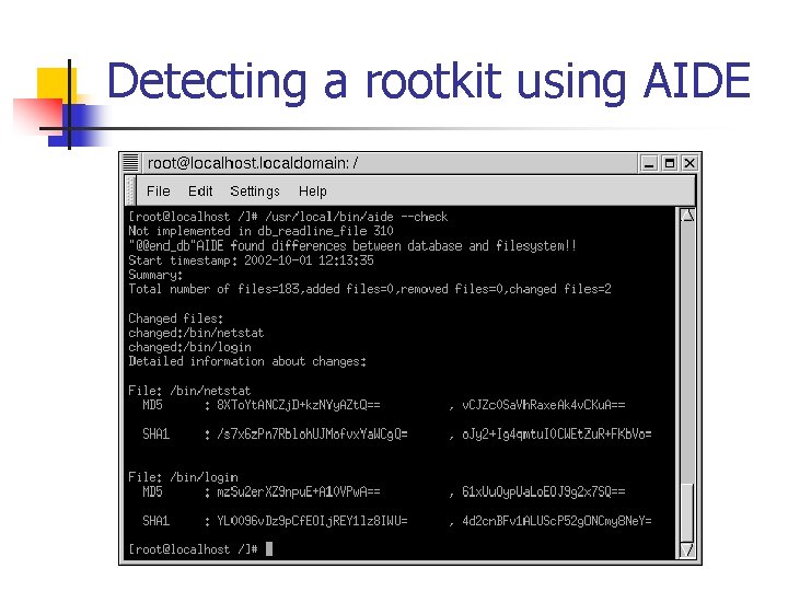Detecting a rootkit using AIDE 