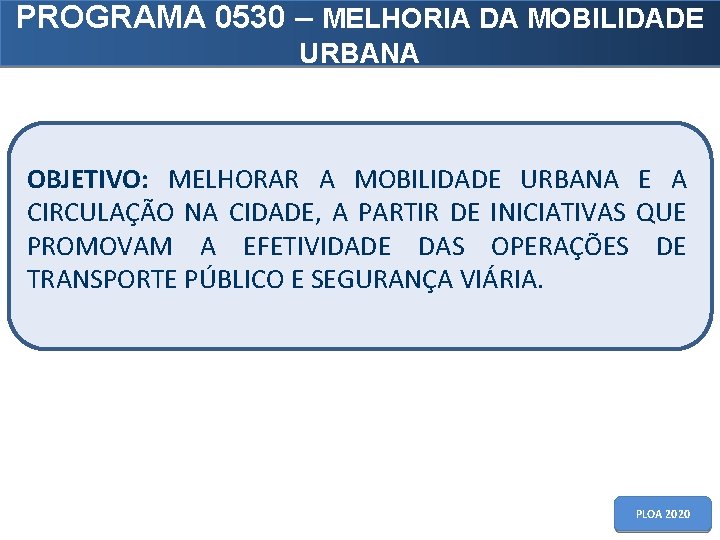 PROGRAMA 0530 – MELHORIA DA MOBILIDADE URBANA OBJETIVO: MELHORAR A MOBILIDADE URBANA E A