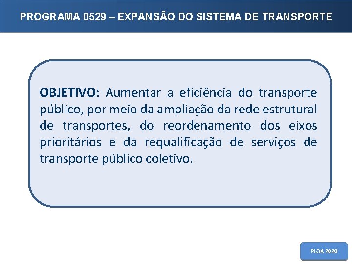 PROGRAMA 0529 – EXPANSÃO DO SISTEMA DE TRANSPORTE OBJETIVO: Aumentar a eficiência do transporte