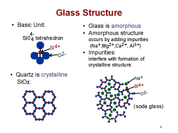 Glass Structure • Basic Unit: 4 Si 0 4 tetrahedron Si 4+ O 2