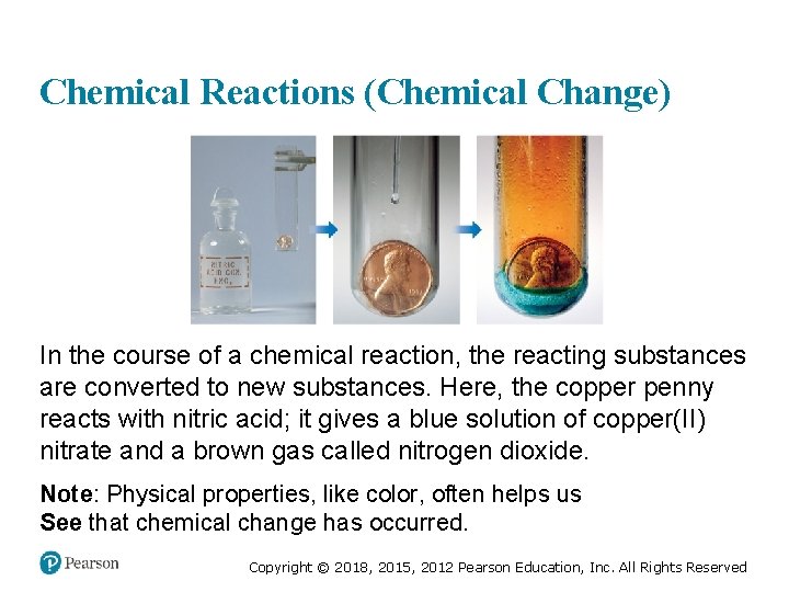 Chemical Reactions (Chemical Change) In the course of a chemical reaction, the reacting substances