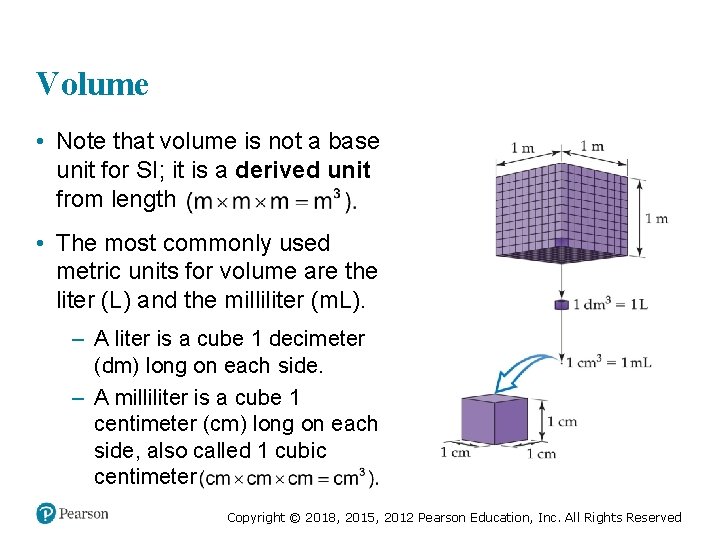 Volume • Note that volume is not a base unit for SI; it is