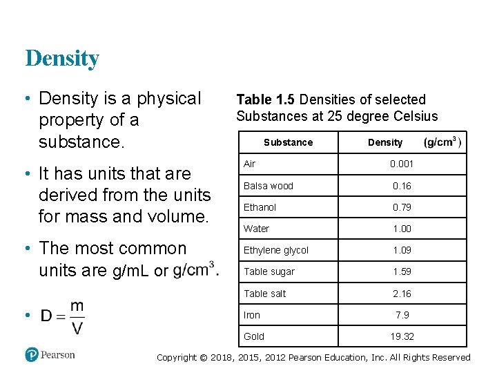 Density • Density is a physical property of a substance. • It has units