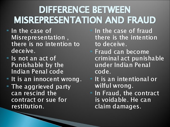 DIFFERENCE BETWEEN MISREPRESENTATION AND FRAUD In the case of Misrepresentation , there is no
