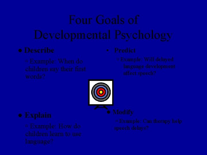 Four Goals of Developmental Psychology ● Describe Example: When do children say their first