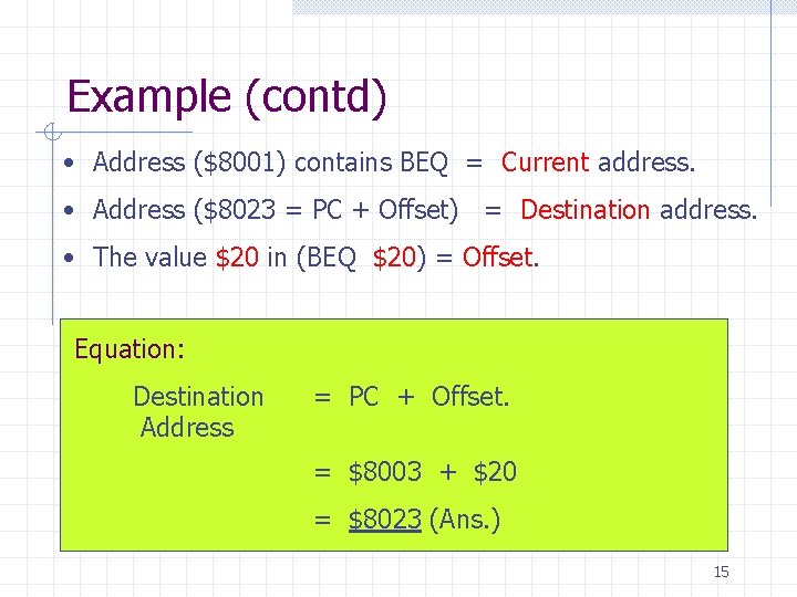 Example (contd) • Address ($8001) contains BEQ = Current address. • Address ($8023 =