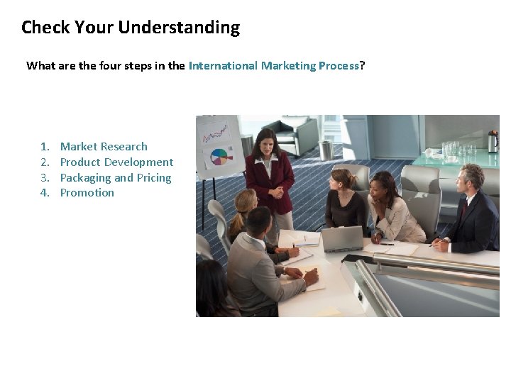 Check Your Understanding What are the four steps in the International Marketing Process? 1.