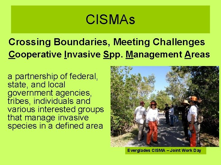 CISMAs Crossing Boundaries, Meeting Challenges Cooperative Invasive Spp. Management Areas a partnership of federal,