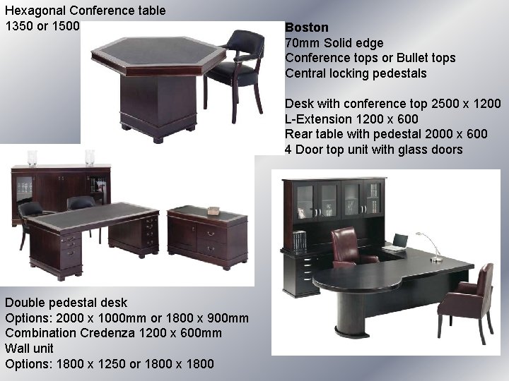 Hexagonal Conference table 1350 or 1500 Double pedestal desk Options: 2000 x 1000 mm Hexagonal Conference table 1350 or 1500 Double pedestal desk Options: 2000 x 1000 mm
