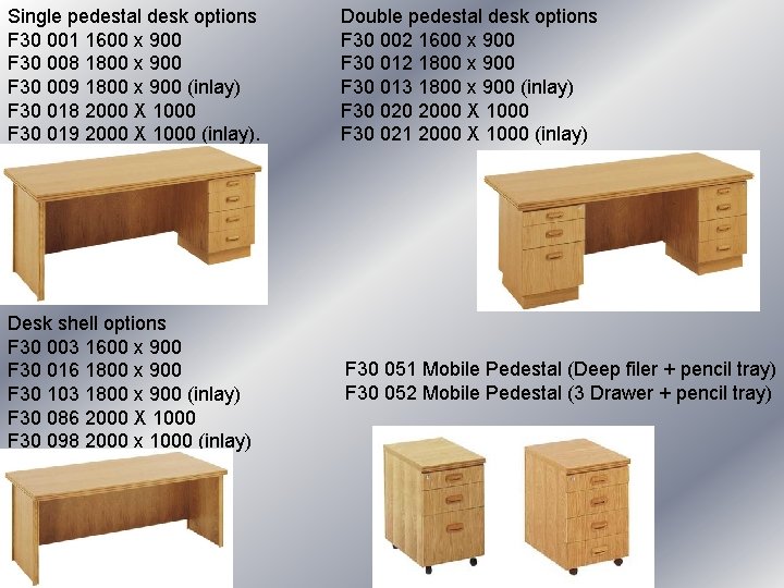 Single pedestal desk options F 30 001 1600 x 900 F 30 008 1800 Single pedestal desk options F 30 001 1600 x 900 F 30 008 1800