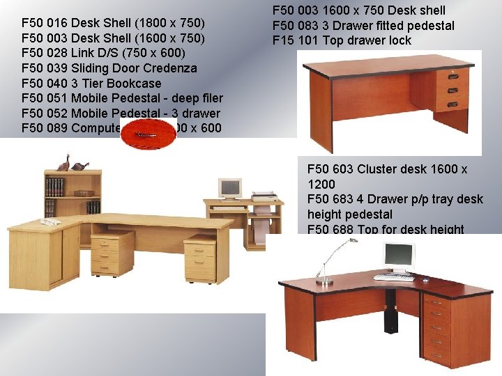 F 50 016 Desk Shell (1800 x 750) F 50 003 Desk Shell (1600 F 50 016 Desk Shell (1800 x 750) F 50 003 Desk Shell (1600