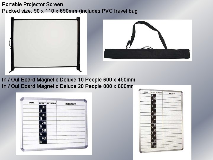 Portable Projector Screen Packed size: 90 x 110 x 890 mm (includes PVC travel Portable Projector Screen Packed size: 90 x 110 x 890 mm (includes PVC travel
