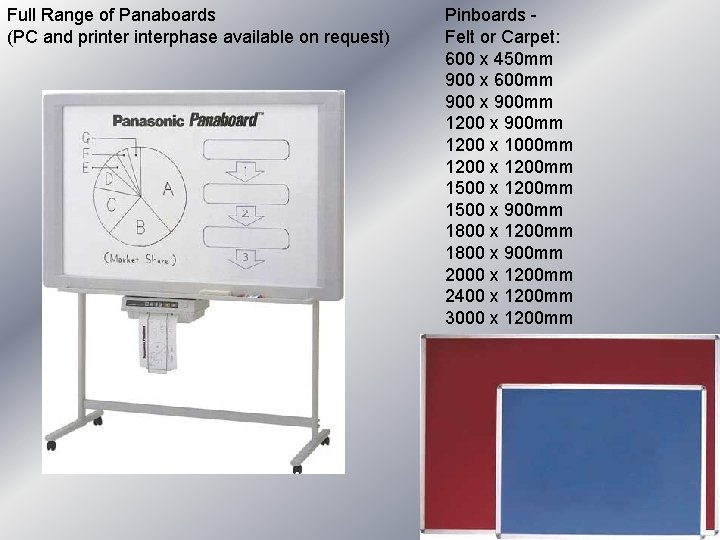 Full Range of Panaboards (PC and printerphase available on request) Pinboards - Felt or Full Range of Panaboards (PC and printerphase available on request) Pinboards - Felt or