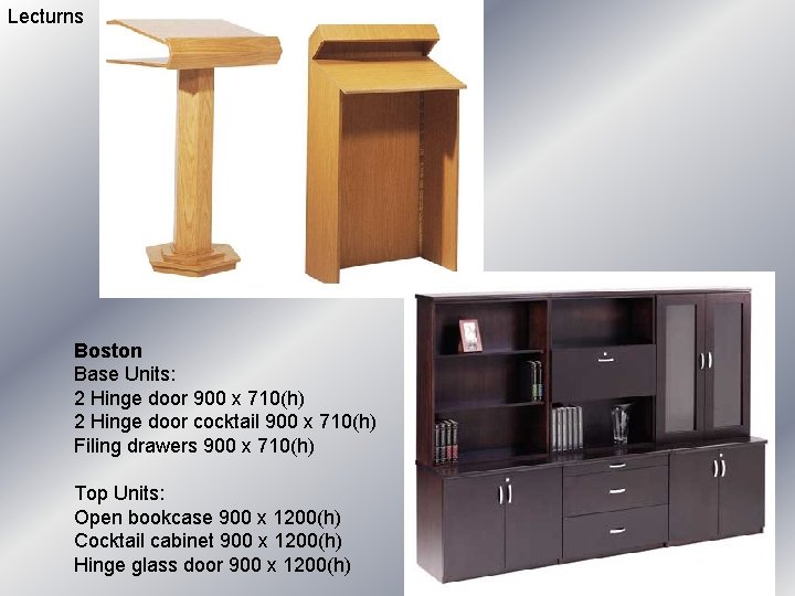 Lecturns Boston Base Units: 2 Hinge door 900 x 710(h) 2 Hinge door cocktail Lecturns Boston Base Units: 2 Hinge door 900 x 710(h) 2 Hinge door cocktail