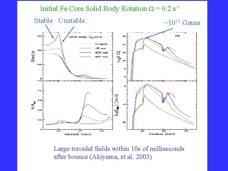 Initial Fe Core Solid Body Rotation = 0. 2 s-1 Stable Unstable ~1015 Gauss