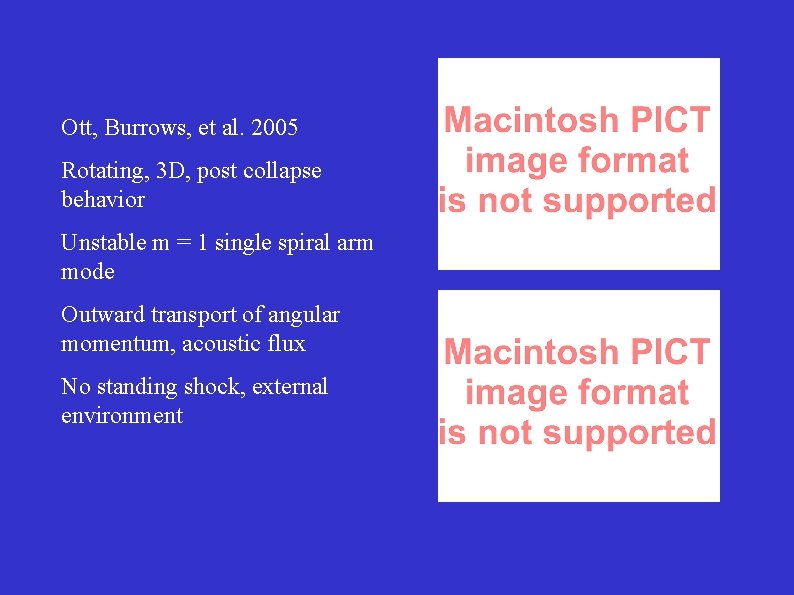 Ott, Burrows, et al. 2005 Rotating, 3 D, post collapse behavior Unstable m =