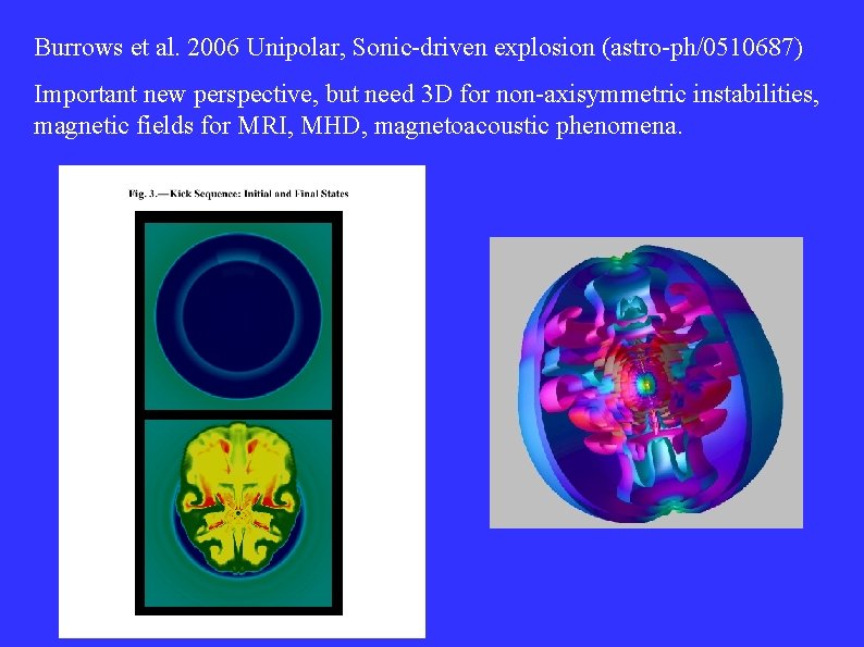 Burrows et al. 2006 Unipolar, Sonic-driven explosion (astro-ph/0510687) Important new perspective, but need 3