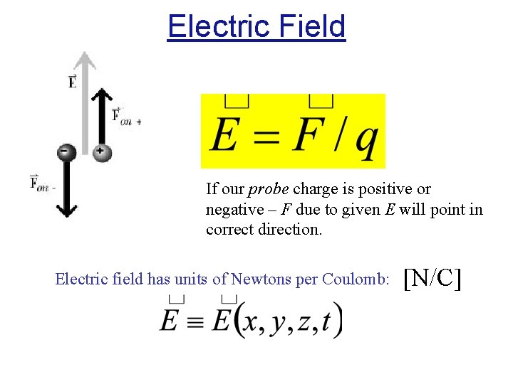 Electric Field If our probe charge is positive or negative – F due to