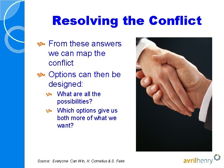 Resolving the Conflict From these answers we can map the conflict Options can then