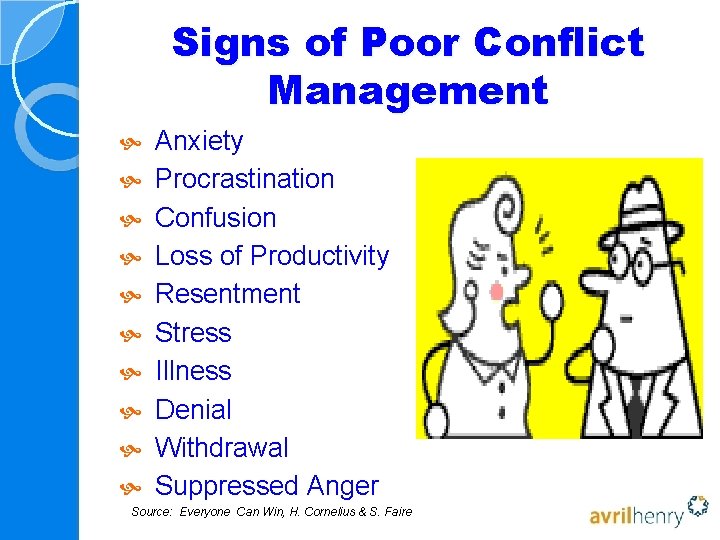 Signs of Poor Conflict Management Anxiety Procrastination Confusion Loss of Productivity Resentment Stress Illness