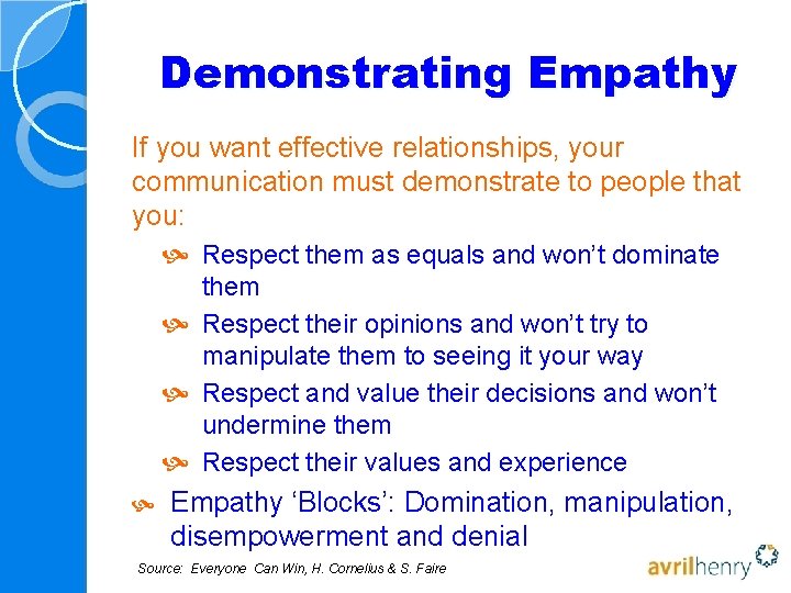 Demonstrating Empathy If you want effective relationships, your communication must demonstrate to people that