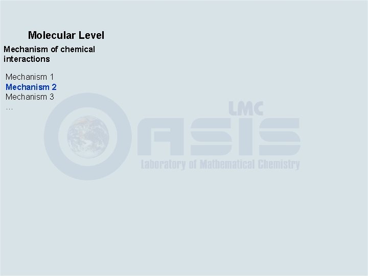 Molecular Level Mechanism of chemical interactions Mechanism 1 Mechanism 2 Mechanism 3 … 