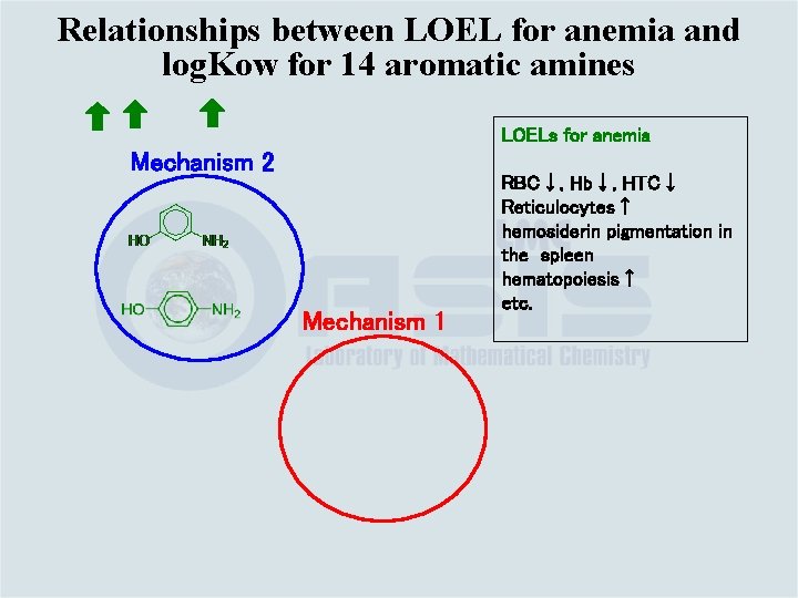 Relationships between LOEL for anemia and log. Kow for 14 aromatic amines LOELs for