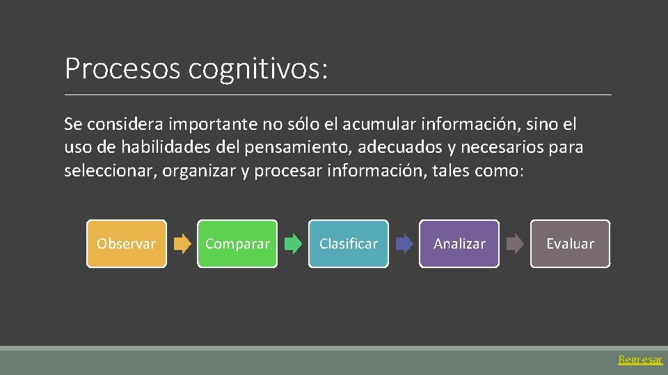 Procesos cognitivos: Se considera importante no sólo el acumular información, sino el uso de