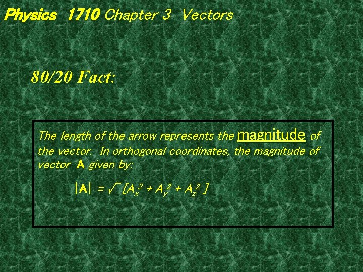 Physics 1710 Chapter 3 Vectors 80/20 Fact: The length of the arrow represents the