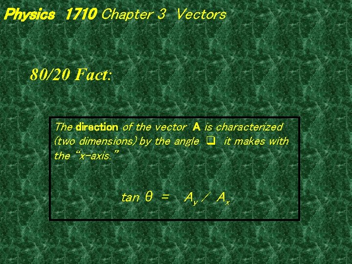 Physics 1710 Chapter 3 Vectors 80/20 Fact: The direction of the vector A is