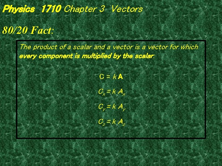 Physics 1710 Chapter 3 Vectors 80/20 Fact: The product of a scalar and a